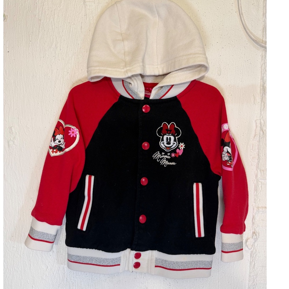 Disney Junior Minnie Mouse Varsity Jacket Hooded Red Black Girls Size 3T